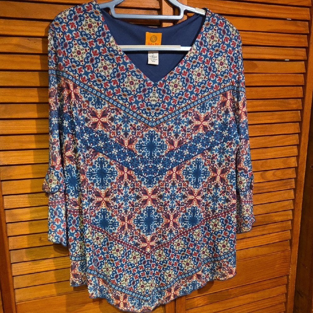 Ruby Rd. Blue and Red Patterned V-Neck Blouse